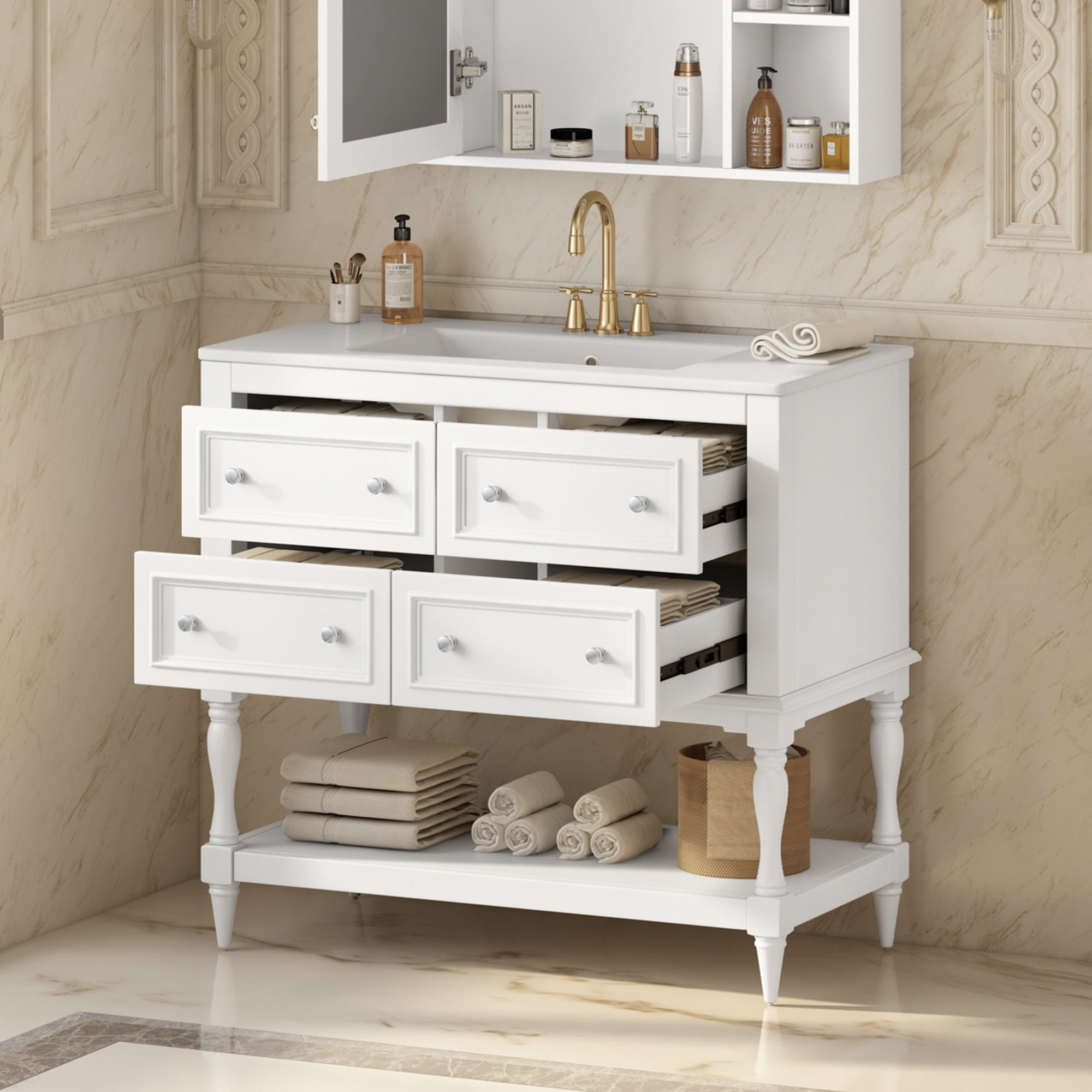 Euroco 36" Bathroom Vanity Cabinet with Sink Combo Set, Undermount Ceramic Sink, Free Standing Vanity Set with 4 Drawers, Solid Wood Frame Bathroom Cabinet, White