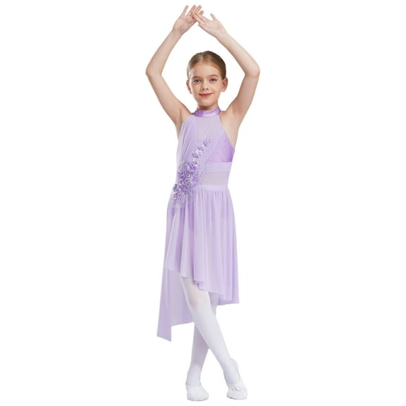 TTAO Kids Girls Ballet Lyrical Dance Dresses Sleeveless Irregular Hem Shiny Rhinestones Dress Dancewear Light Purple 6