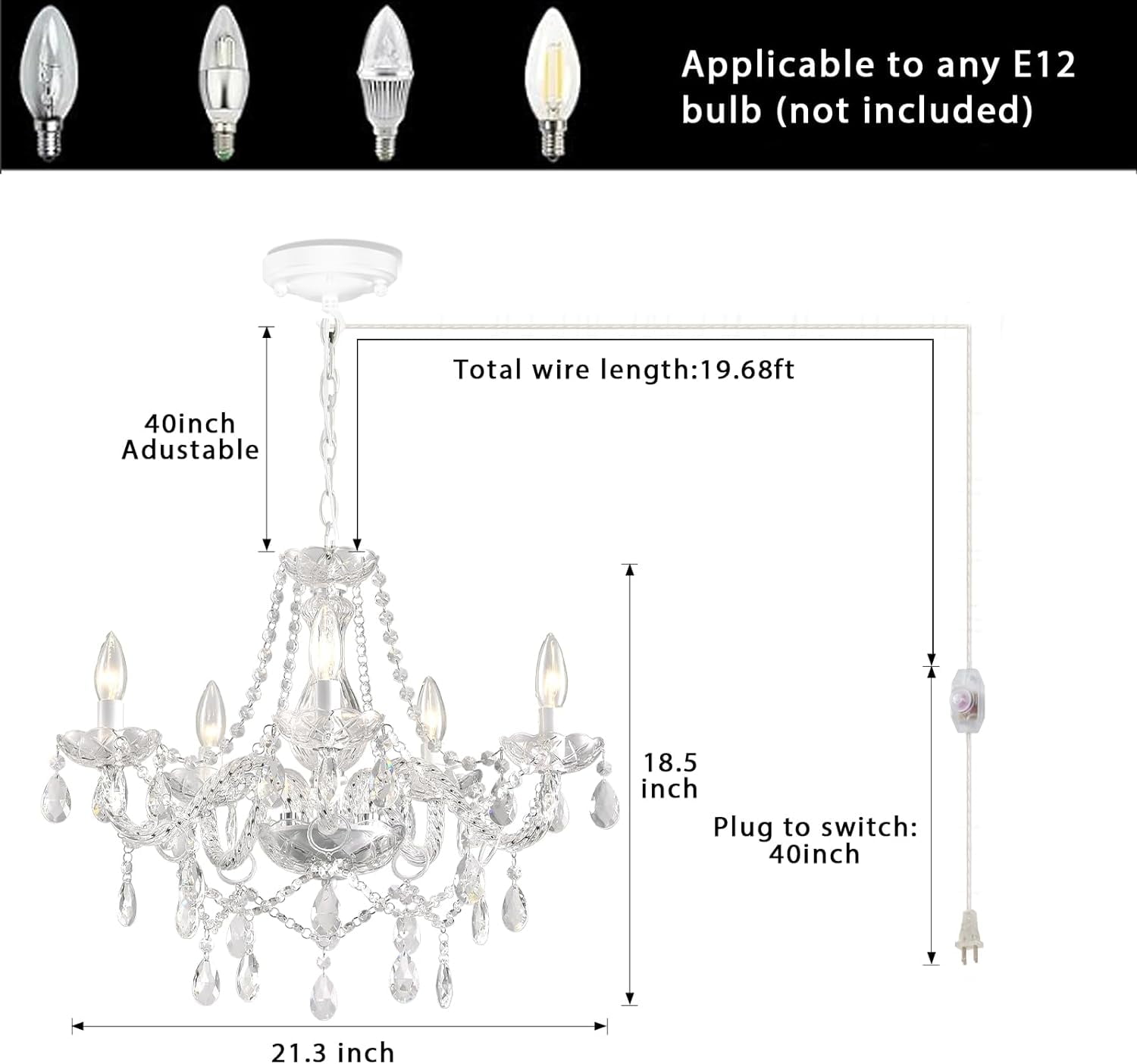DIMMABLE Plug-in Chandelier 5 Light Crystal, White Hanging Pendant Light Fixture K9 Crystals Beads