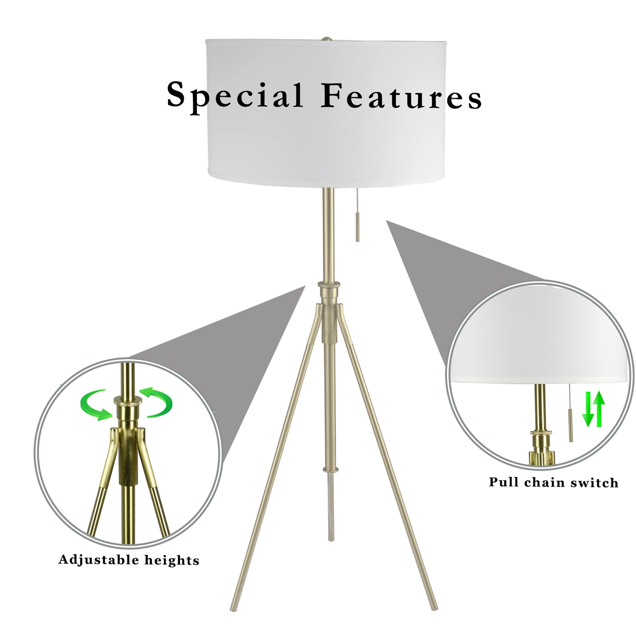 JERFIT Adjustable Tripod Floor Lamp with Drum Shade, Modern Reading Light for Living Room, Brushed Nickel Finish