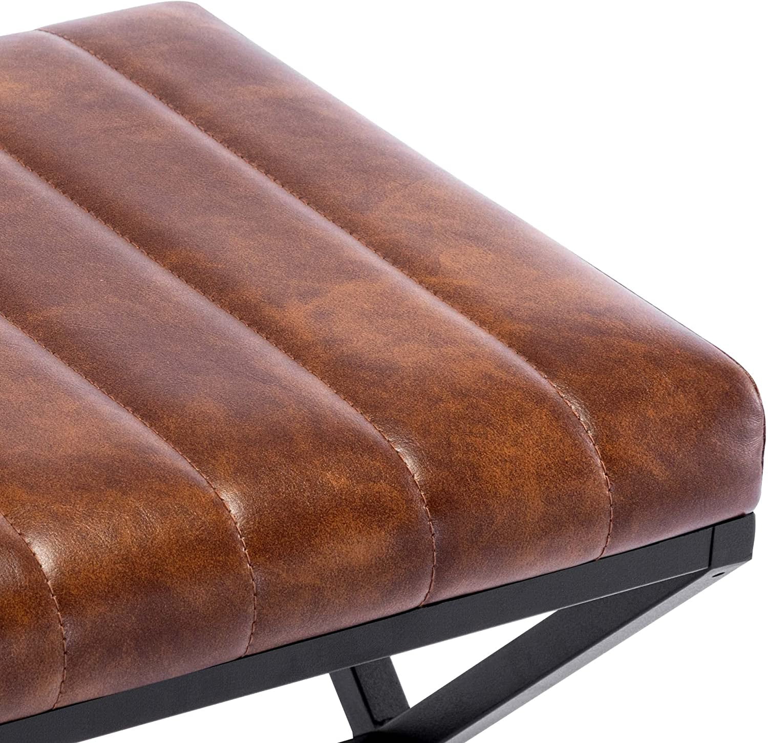 Duhome Vanity Stool, Modern Square Ottoman Stool with Metal Base Faux Leather Ottoman Footstools for Living Room Bedroom, Brown