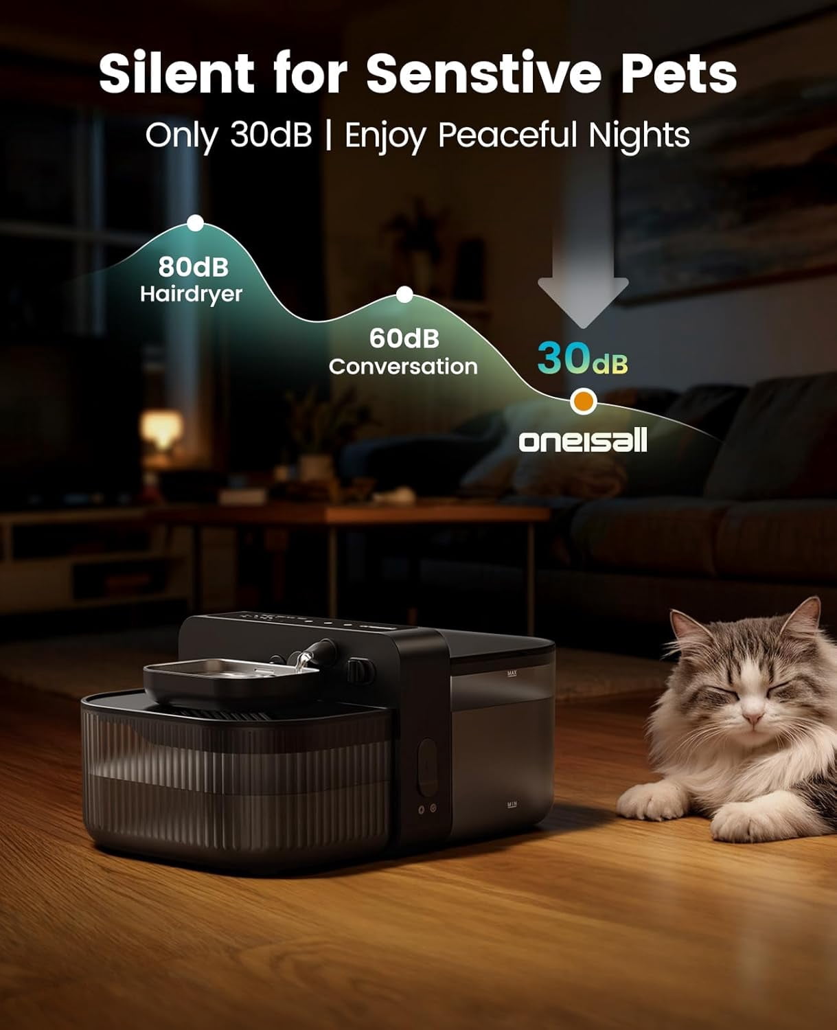 Wireless Filterless Cat Water Fountain, Separate Clean and Dirty Water Pet Fountain with Stainless Steel Bowl, 3.5L/118oz Quiet No Filter Smart Automatic Cat Water Dispenser Indoor, Black