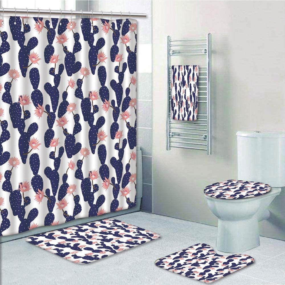 Cactus Flower Art Bath Mat Toilet Cover Rug Shower Curtain Bathroom Decor
