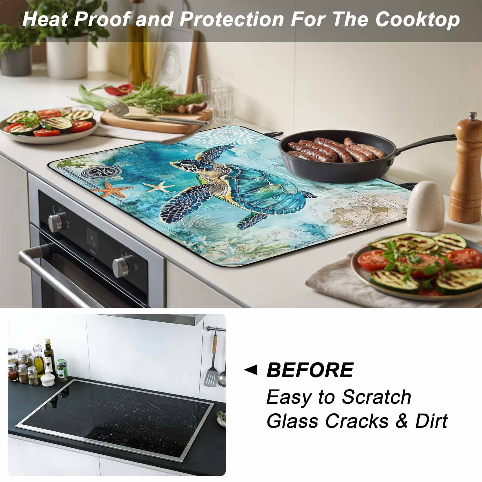 Turquoise Turtle Stove Top Cover for Electric Stove, Heat-proof & Non Slip Glass Top Stove Cover Protector, Farmhouse Coastal Starfish Seaweeds Kitchen Flat Cooktop Rubber Mat 24x21 Inches