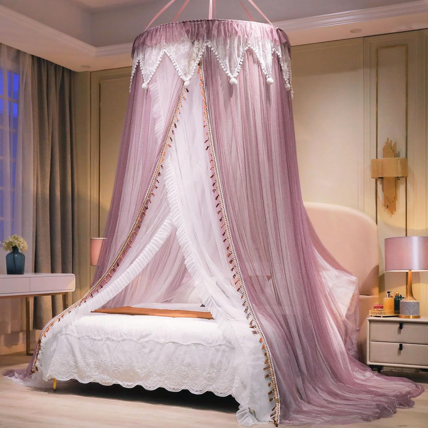 Girls and Adults Canopy Bed, Elegant Double-Layer Bed Curtain, Children's Dream Round Lace Mosquito Net, Princess Canopy Net - Fits Twin, Full, Queen, and King Beds (White/Red Bean)