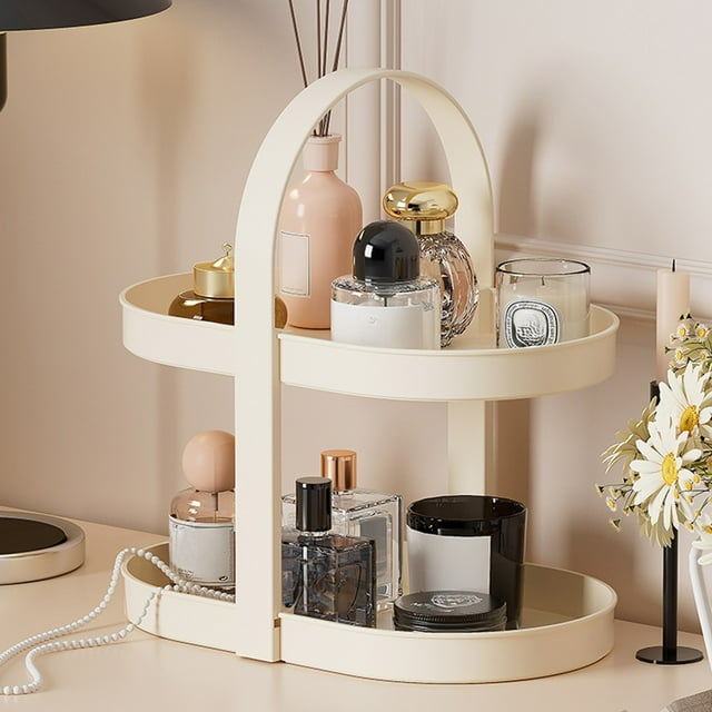 Organizador de cosméticos con doble estante de escritorio | Estante de almacenamiento de plástico resistente y grueso con asa | Soporte para labial y aromaterapia | Blanco y negro | Organizador de