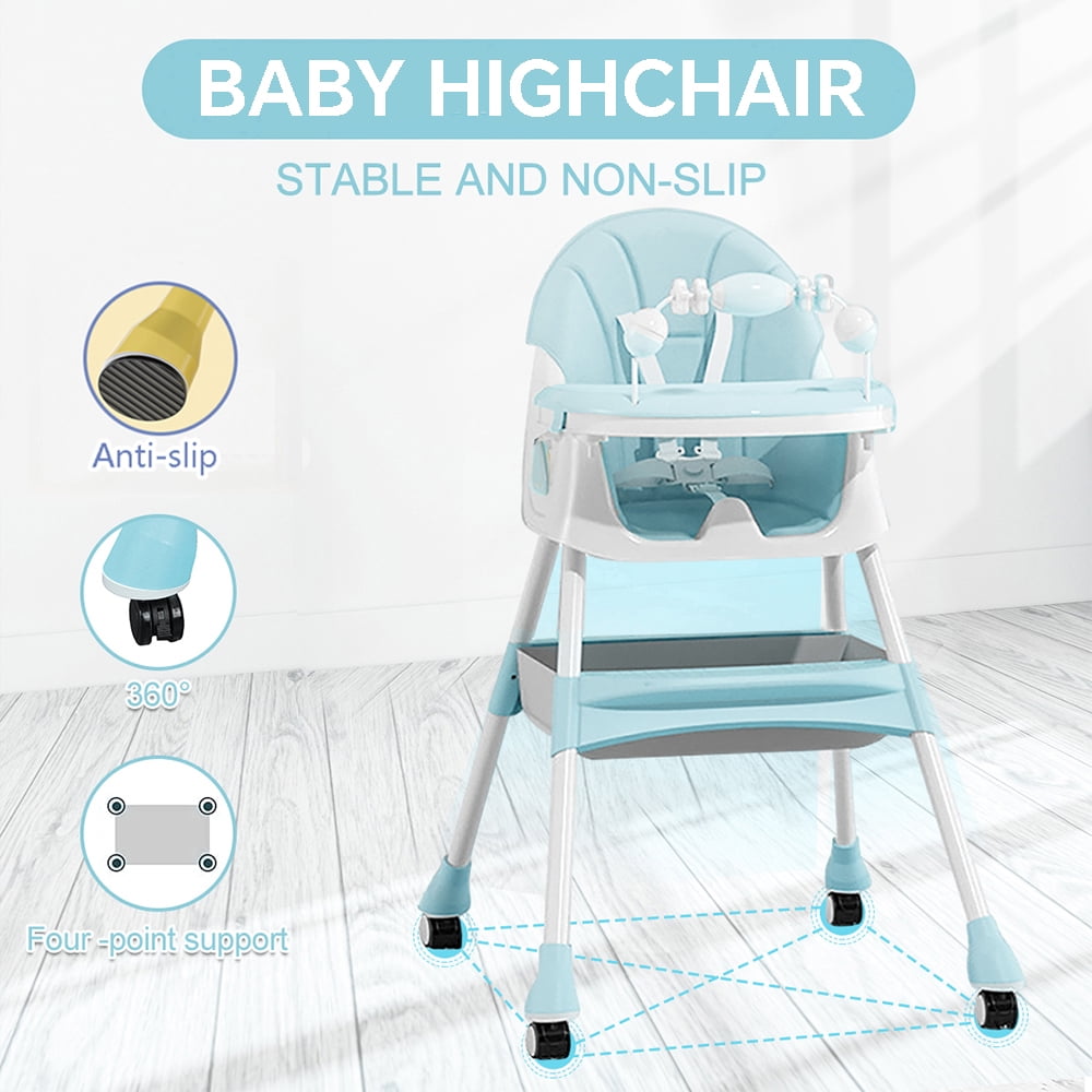 Liyufly 4-in-1 Baby High Chair Portable Baby Toddler Dining Chairs Eat & Play Convertible High Chair with 5-Point Harness, Dinner Plate and Toy Rack, Dark Blue