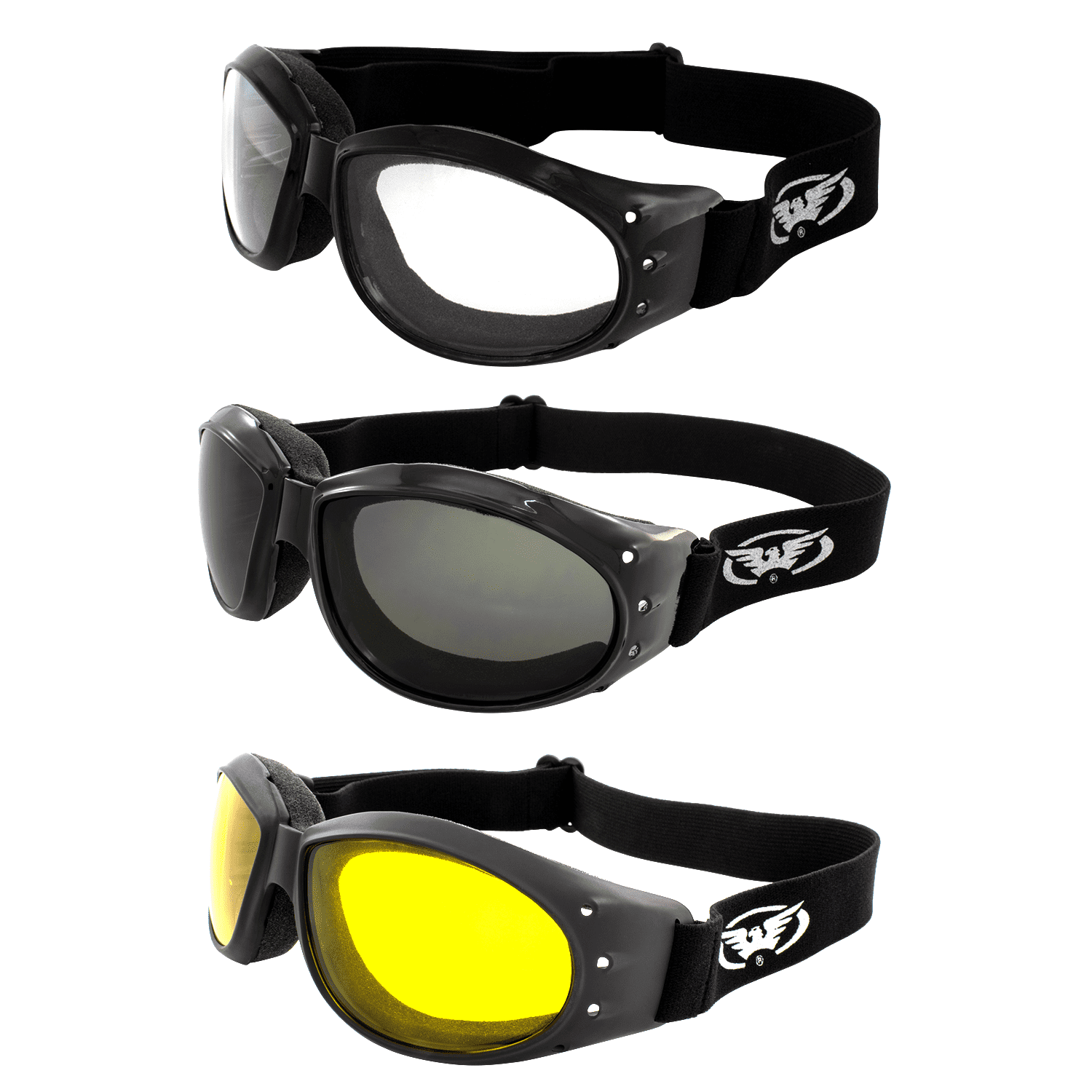 BIRDZ GOGGLES FOR MOTORCYCLE RIDING HAS 3 3 SETS OF LENS CLEAR SMOKE & YELLOW 