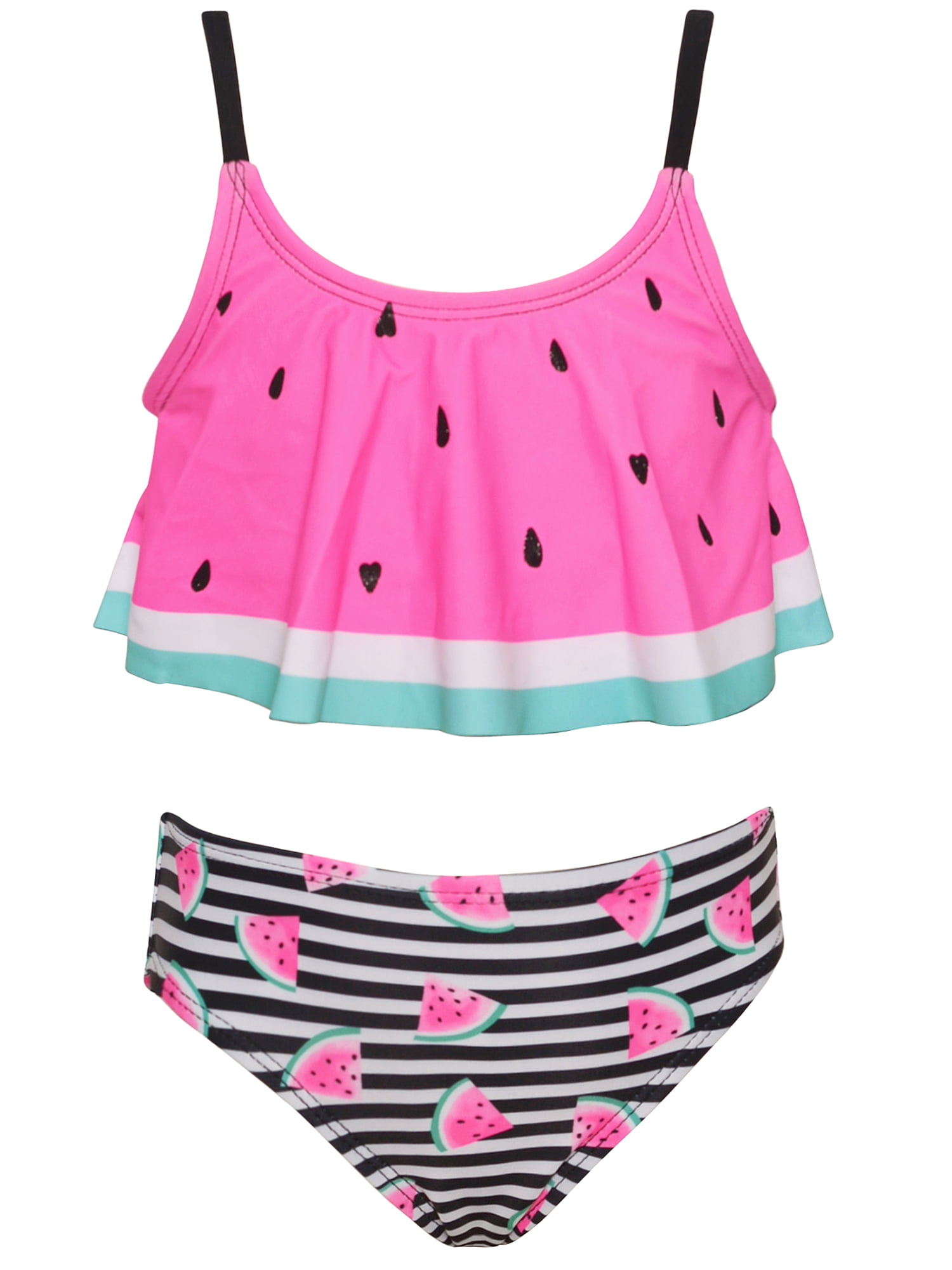 Girlsquad - Girls Black Watermelon Stripe 2pc Ruffle Swimsuit - Walmart ...