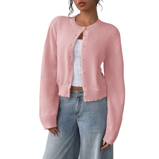 ManxiVoo Cardigan Court à Boutons pour Femme, Tricot Côtelé à Manches Longues, Col Ras du Cou, Haut de Maille Décontracté, Taille M, Rose