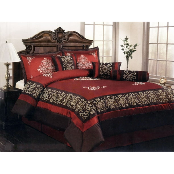 7Pcs Satin Flocking Royal Floral Comforter Set Burgundy Brown Bed in a