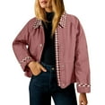 thumbnail image 2 of Women's Contrast Cuff Jacket, Plaid Collar Long Sleeve Top, Relaxed Fit Casual Outerwear, Lightweight Zip Up Coat, No Hood Everyday Wear, Barn Style Shirt Jacket Pink XL, 2 of 5