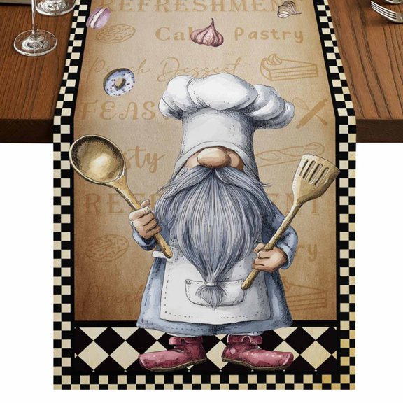 Table Runners 72 Inches Long Dress Scarves, Vintage Gnomes Farmhouse Kitchen Table Runner, Coffee Tablerunners, Black White Checkered Retro Art 14x72 Inch