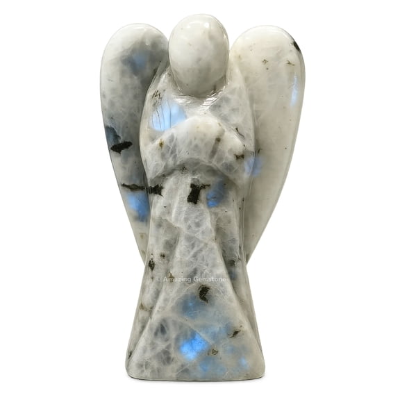 Rainbow Moonstone Guardian Angel, Carved Angel Figurine - 4 inch