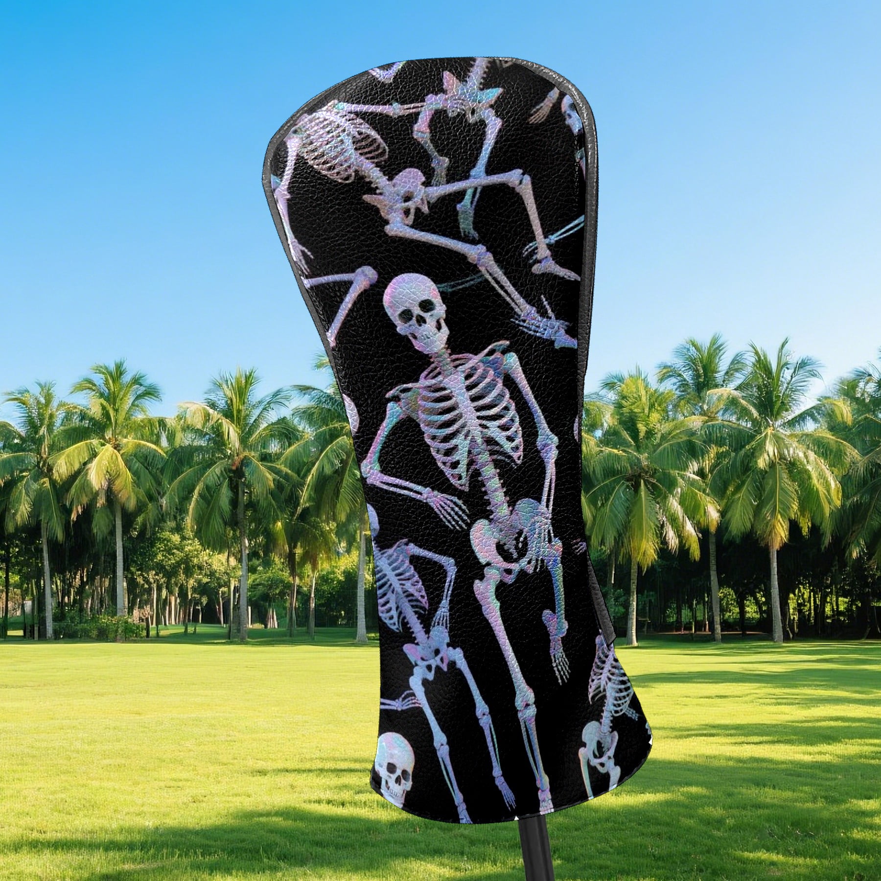Golf Club Covers, Black Skeleton Premium PU Leather Driver Hybrid Putter Head Covers with Velvet Lining, Waterproof Golf Gifts for Men Women