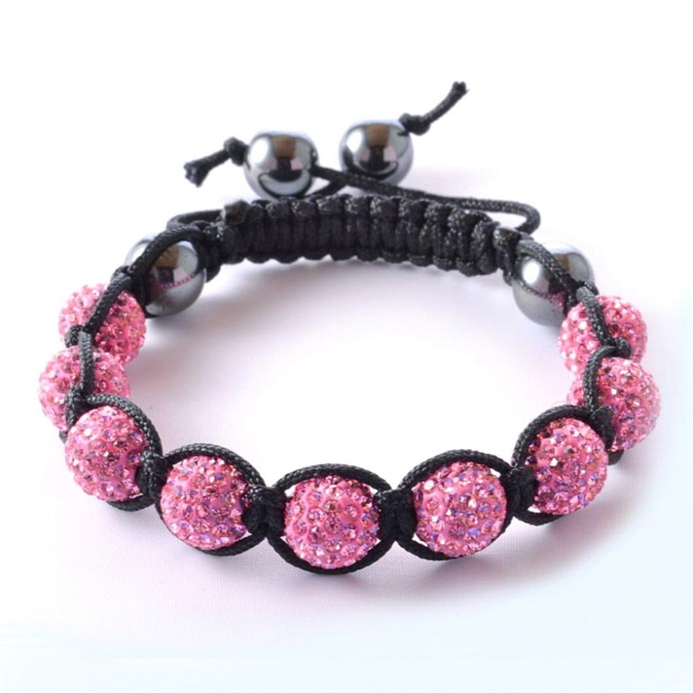 Girls Pink CZ Black Cord Macrame Beaded Ball Bracelet