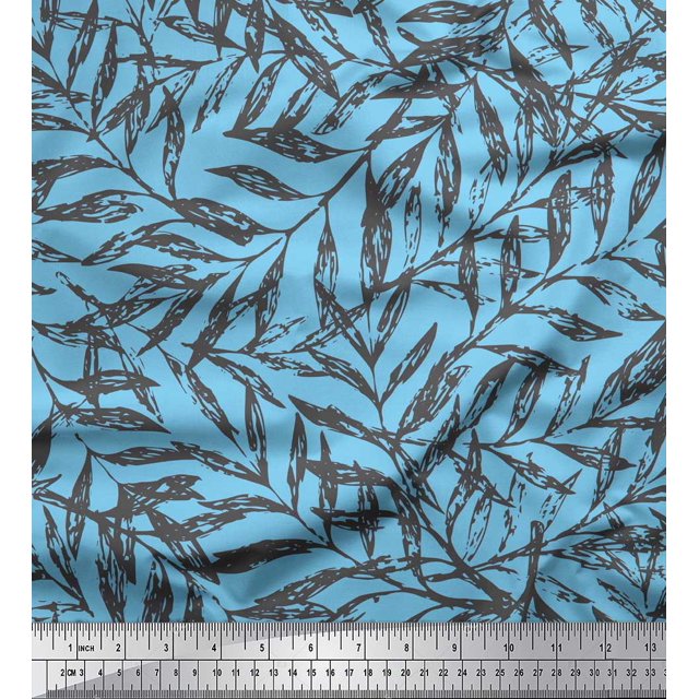 Soimoi Blue polyester Crepe Fabric Artistic Leaves Print Fabric by Yard 42 Inch Wide