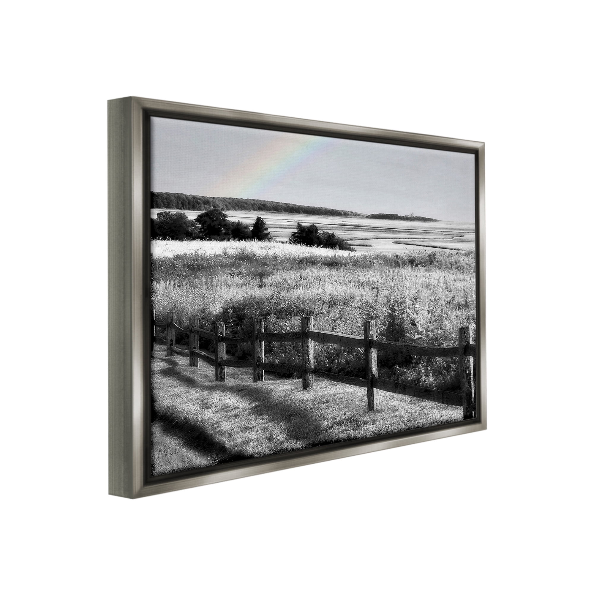 Stupell Industries Rainbow Over Countryside Landscape Photography Gray Floater Framed Canvas Art Print Wall Art, 21 x 17