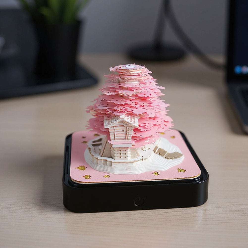 3D Desk Calendar 2026 with LED Lights, 3D Art Calendar Memo Pad 2026, Tear-Away 3D Paper Art Notepad, Romantic Tree House Desktop for Christmas New Year Gifts (Pink)