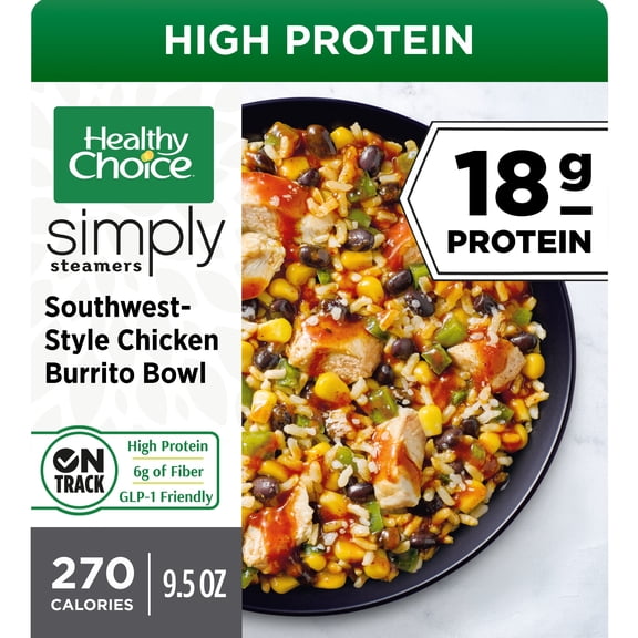 Healthy Choice Simply Steamers Southwest Chicken Burrito Bowl, 20g Protein, High Protein & Fiber Frozen Meal, 9.5 oz. Bowl