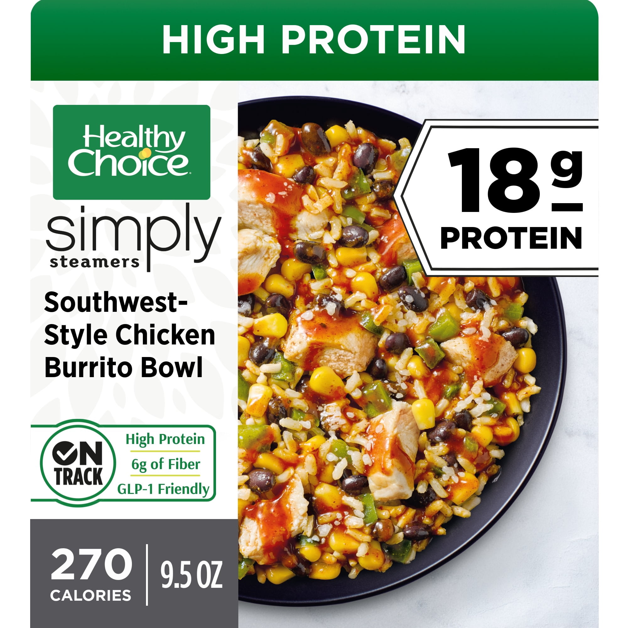 Healthy Choice Simply Steamers Southwest Chicken Burrito Bowl, 20g Protein, High Protein & Fiber Frozen Meal, 9.5 oz. Bowl