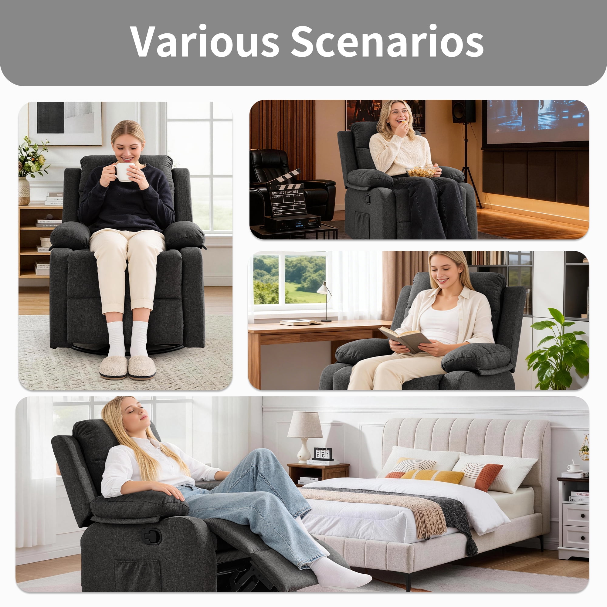 GEEYOO Manual Swivel Rocker Recliner Chair with Side Pockets,Small Recliner Chair for Small Spaces,Upholstered Linen Fabric Glider Nursery Chair for Living Room,Dark Grey
