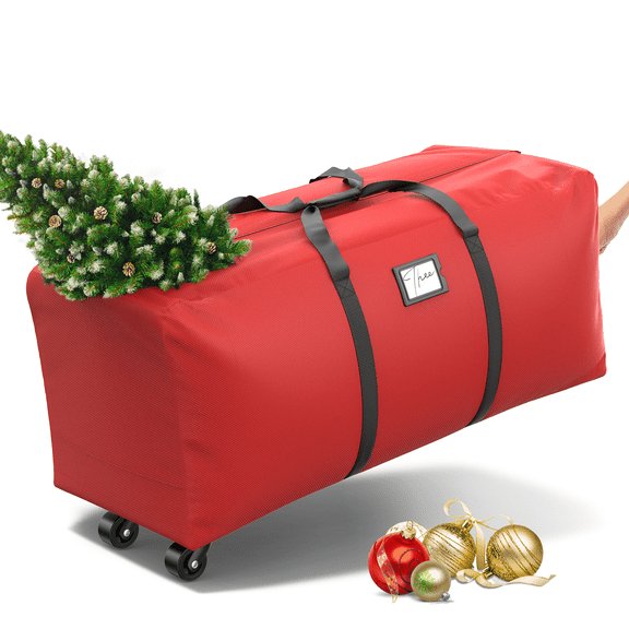 Rolling Christmas Tree Storage Bag, Waterproof Anti-Tear Heavy-Duty 600D Oxford Cloth Ornament, 9ft Christmas Tree Storage Box with Rolling Wheels, Red