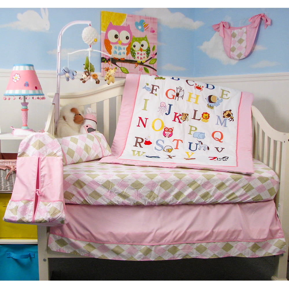 SoHo Crib Bedding Set for Baby Nursery, Pink Alphabet Animals, 9 Pieces