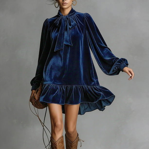 TaTaai Vintage Velvet Dress for Women, Stand Collar Puff Sleeve Elegant Gown, Loose Ruffle Hem Shift Dress, Perfect for Christmas and Winter Parties Gift