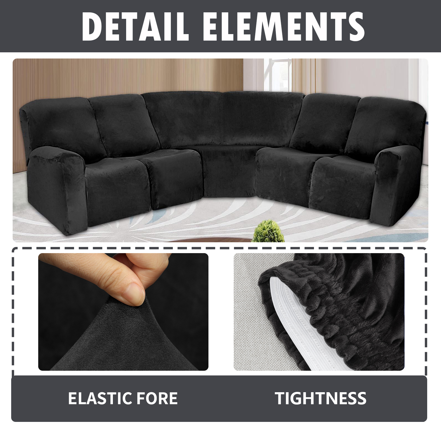 Eurhowing 5 Seat Recliner Sofa Cover, Soft Velvet Stretchable L-Shaped Sectional Couch Slipcovers, Corner Reclining Sofa Covers Furniture Protector, Black