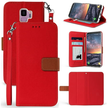 Case for Galaxy S9, Red/Brown Infolio Credit Card Slot Cover, View Stand [with Magnetic Closure, Wrist Strap Lanyard] for Samsung Galaxy S9 (SM-G960)