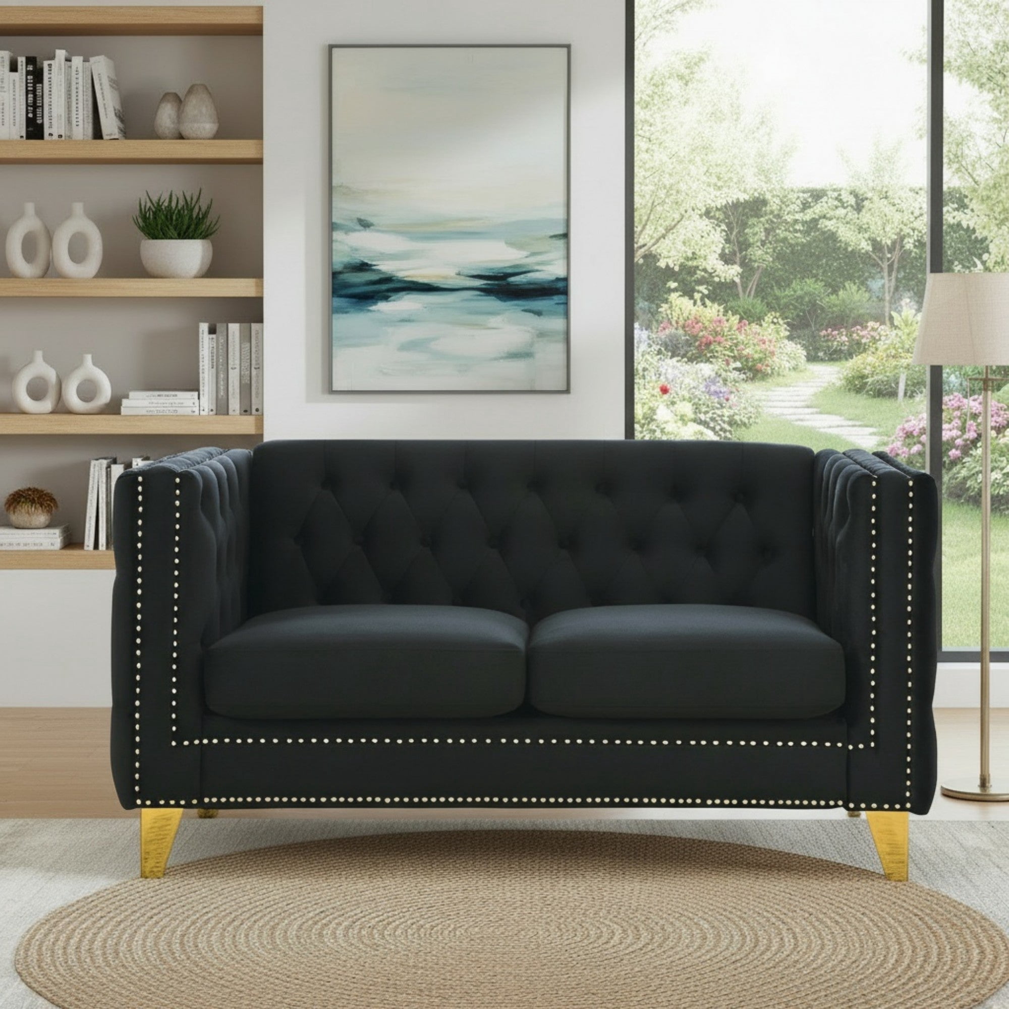 Sailvan 82" Velvet Chesterfield Sofa, Tufted Button Couch with Gold Metal Legs & Nailhead Trim, Modern 2-Seater with Unique Charm Loop Black