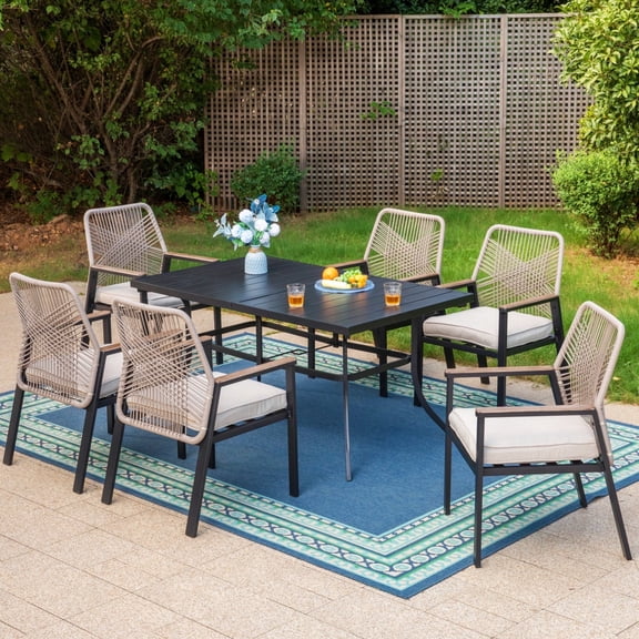 MF Studio 7-Piece Patio Dining Set with Cushioned Rattan Chairs and Rectangular Table for 6-Person, Black and Beige