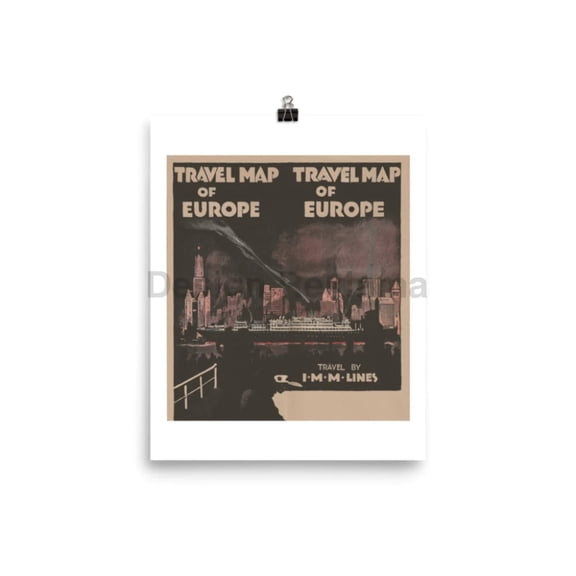 Travel Map of Europe 1930 by the International Mercantile Marine Company. Unframed Vintage Travel Poster