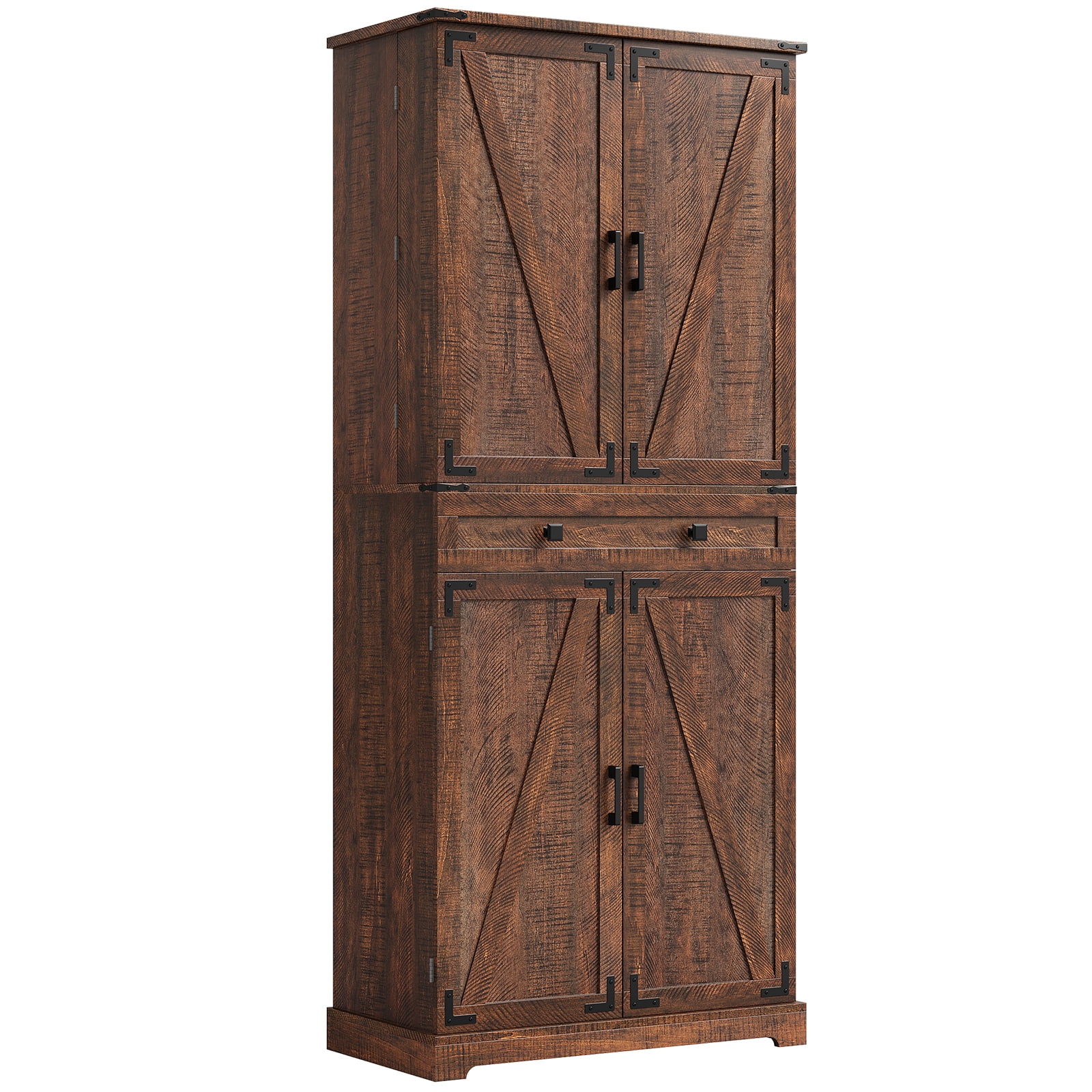 ELYKEN 72" Kitchen Pantry Storage Cabinet with Adjustable Shelves and Drawer, Rustic Brown