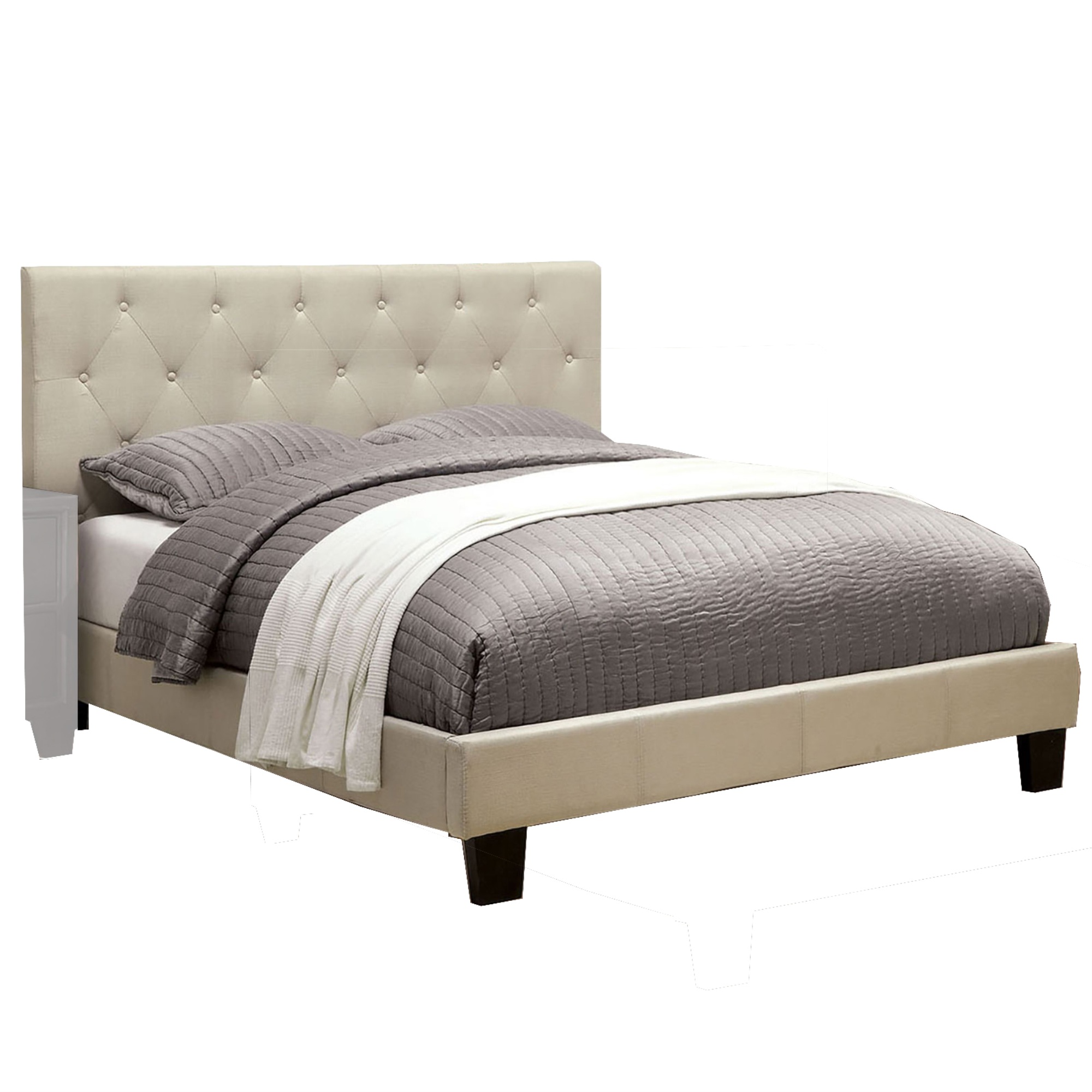 Twin Bed with Fabric Upholstered Button Tufted Headboard, Off White