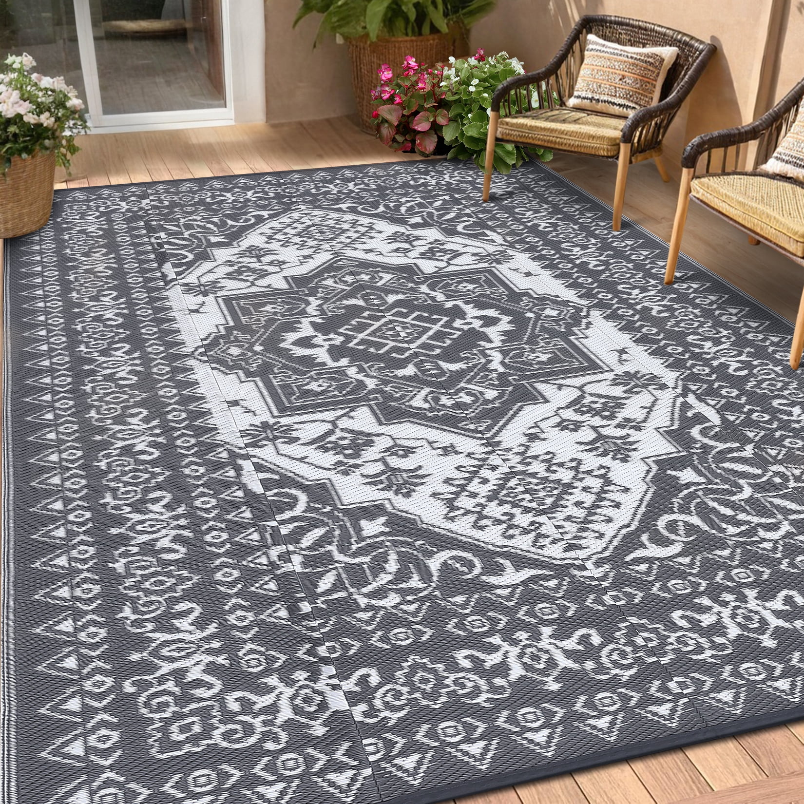 Waterproof Reversible Outdoor Rug 8x10ft – Large Plastic Straw Patio Carpet, Vintage Medallion, Durable All-Weather Mat, for Deck, Balcony, Pool, Camping, RV, Picnic – Gray, USA