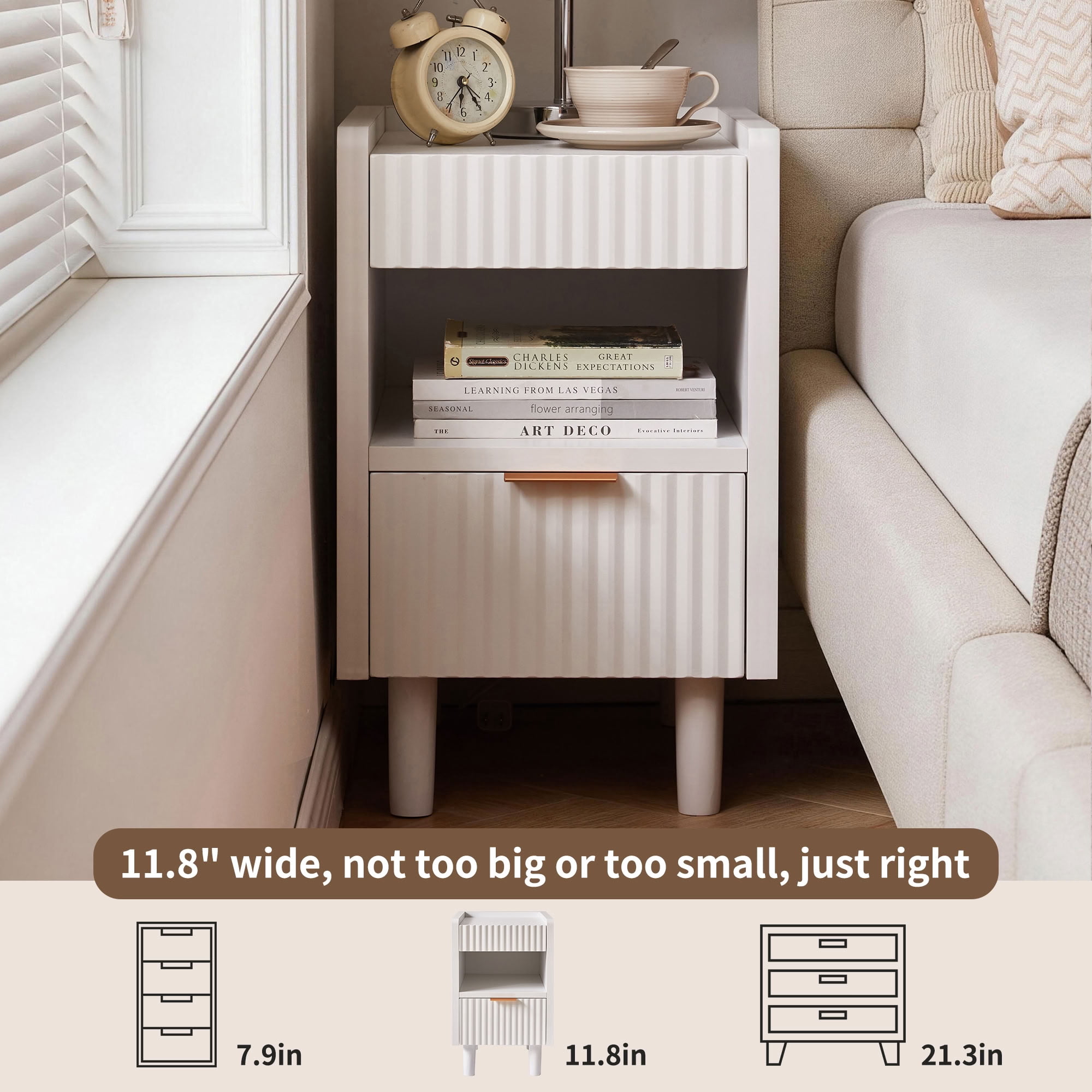 MAYEERTY Fluted Compact Nightstand Set of 2, Modern Wood Bedside End Table with 2 Drawers & Open Storage Cubby, for Bedroom Living Room Small Apartment Dorm