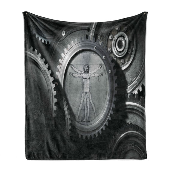 Industrial Soft Flannel Fleece Throw Blanket, Wheels of System with Medieval Old Human Body Animation Device Gears of Whole Theme, Cozy Plush for Indoor and Outdoor Use, 50" x 70", Grey, by Ambesonne