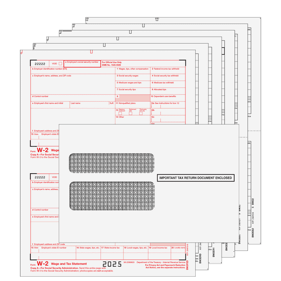 2025 W-2 Tax Pack, 6-Part Laser Forms for 10 Employees with Envelopes & W-3 Transmittals