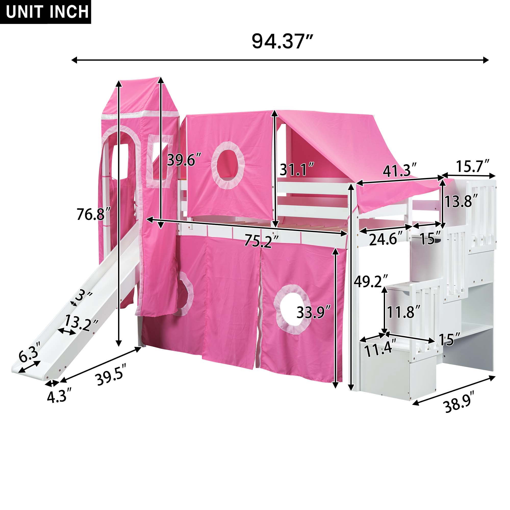 Aukfa Twin Loft Bed with Slide - Princess Castle Bed with Stairway Tent Tower for Kids Girls - Pink