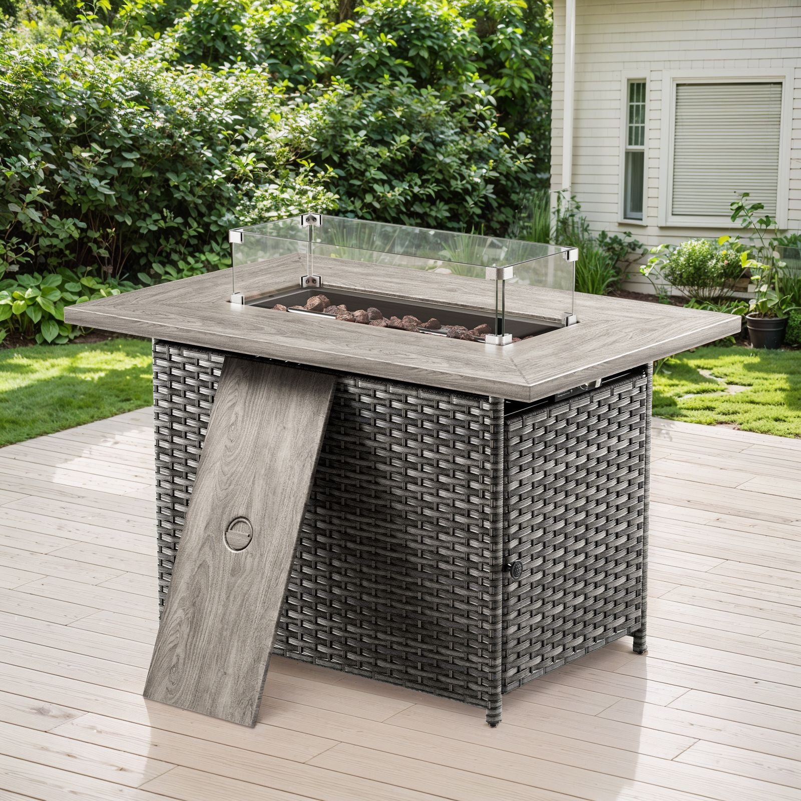 OPOHORO 41" Rectangular Propane Fire Pit 50,000 BTU Outdoor PE Wicker Fire Pit Table with Lid, Gray