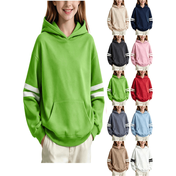 Vmberlty Hoodies for Girls 2-14 Years Old, Striped Sleeve Pullover Hoodie with Kangaroo Pocket, Loose Drop Shoulder Kids Casual Sport Sweatshirts