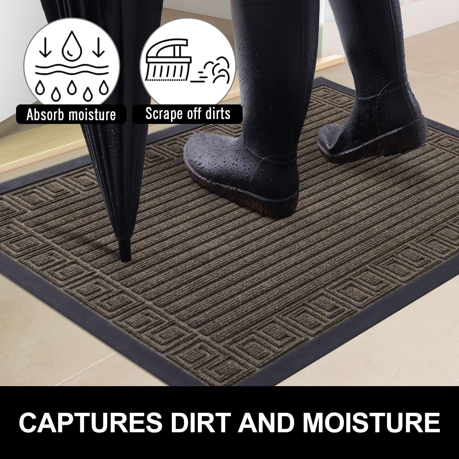 Buganda Outdoor Doormats, Heavy-duty Rubber Door Mats, Absorbs Moisture and Dirt Outdoor Mats, Low Profile Mats for Entry, 36"x24", Brown