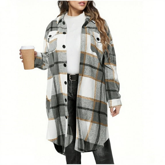 Flannel Shacket Jackets for Women Plus Size Oversized Button Down Coat Plaid Shirt with Pocket Lapel Long Sleeves Fall Tartan Winter Trench Long Outerwears