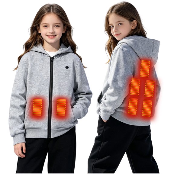 Kids Heated Hoodie Sweatshirts Boys Girls 7 Heating Zones Zip-Up Fleece Lined Electric Hooded Jackets Cold Weather Gray, 5 Y