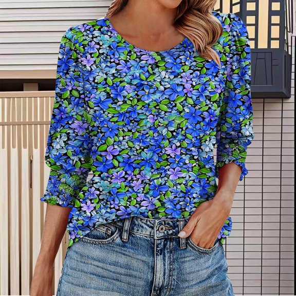 Jsaierl Tops for Women 3/4 Sleeve Summer Round Neck Shirts Dressy Print Petite Blouses Going Out Vacation Tunic Top S-2XL