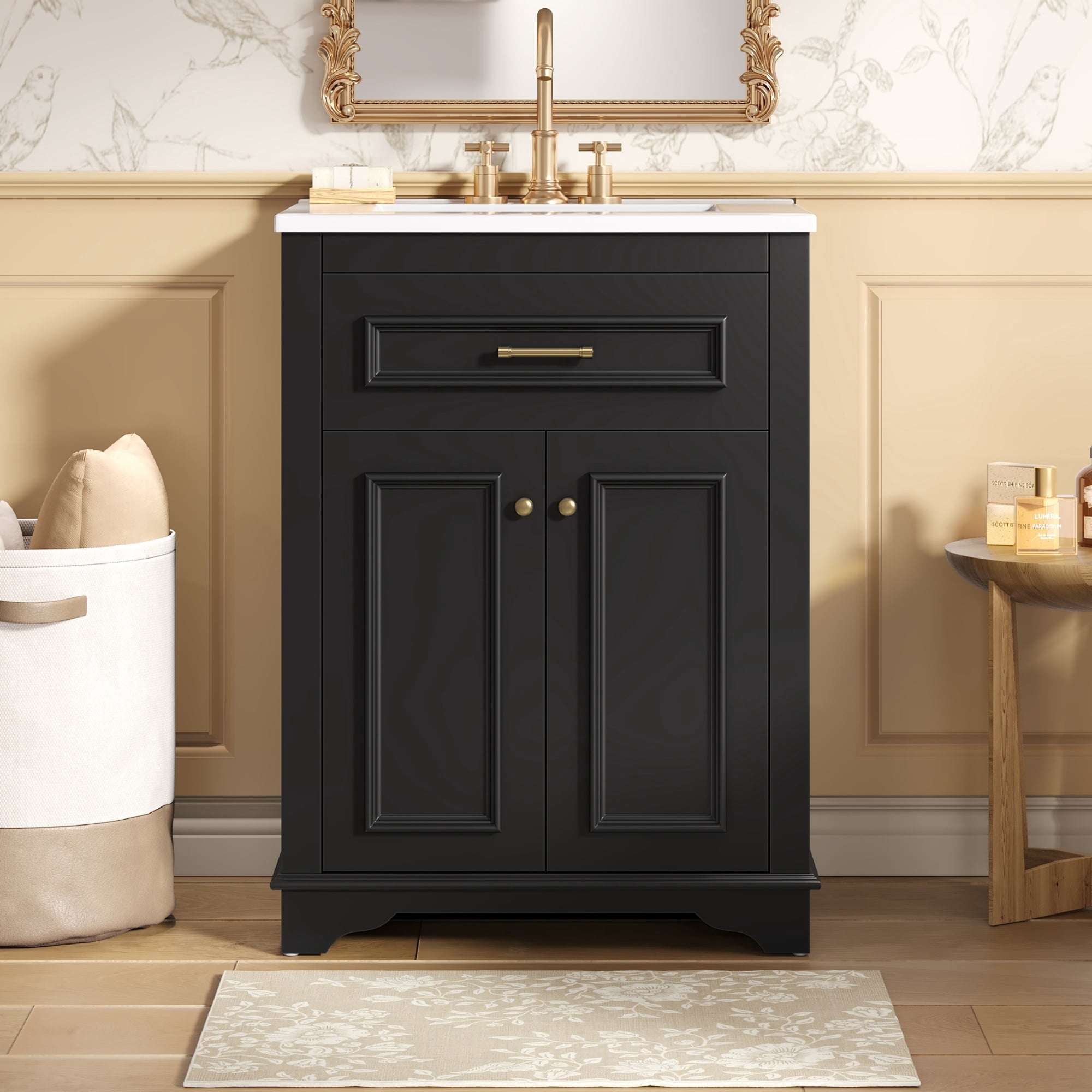 Euroco 24" Bathroom Vanity with Integrated Ceramic Sink, Bathroom Cabinet with 2 Doors, 1 Tip-Out Drawer, Single Sink Bathroom Vanity for Small and Medium Restroom, Black
