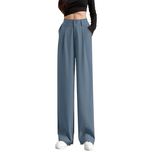 Pantalones de mujer de cintura alta y pierna ancha - Pantalones de trabajo elásticos por detrás para el verano