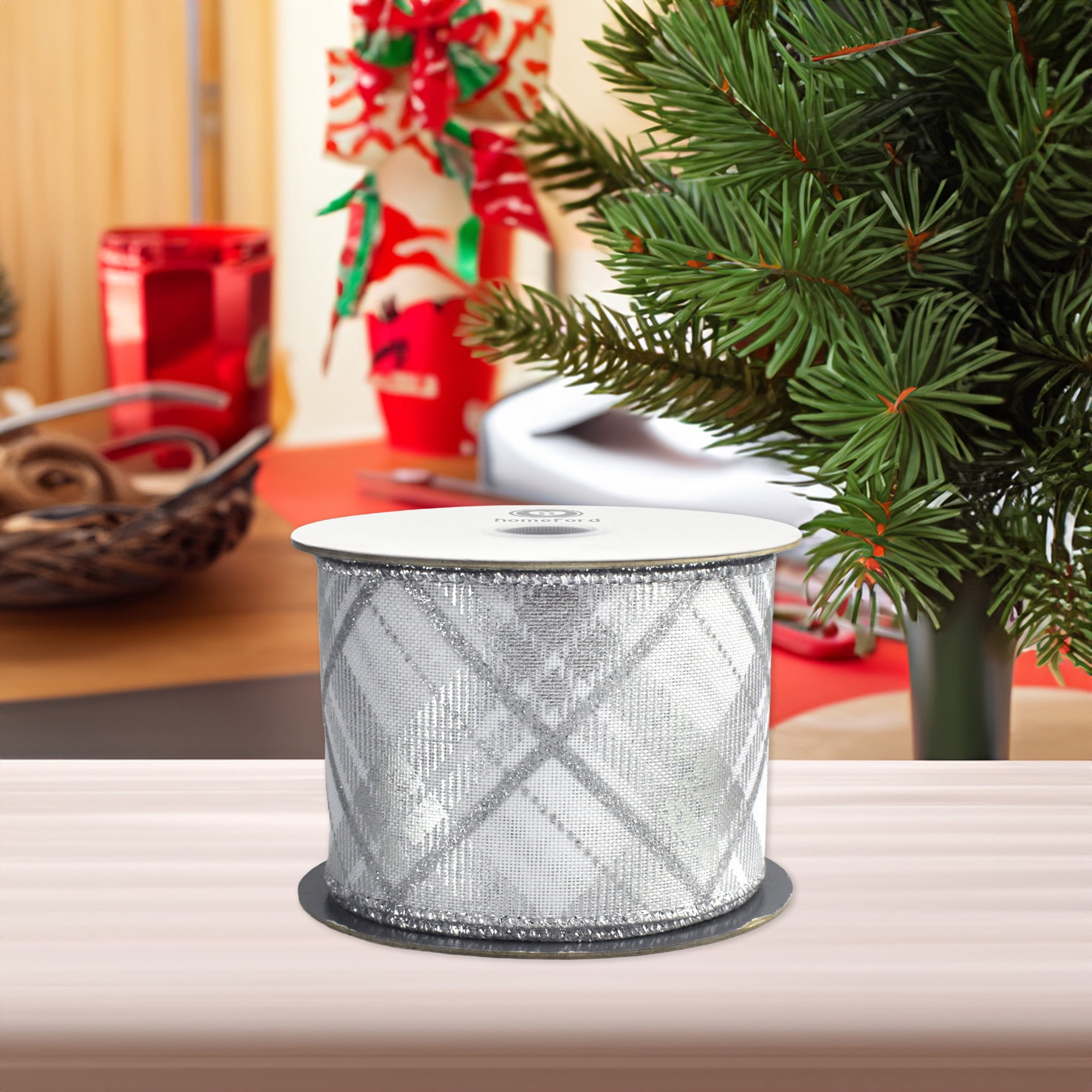 Homeford Christmas Metallic Plaid Twill Wired Ribbon, 2-1/2-inch, 10-yard, Silver